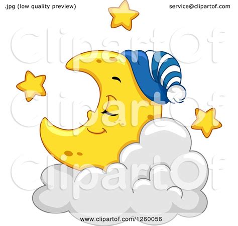 Clipart Of A Cute Crescent Moon Sleeping On A Cloud Royalty Free
