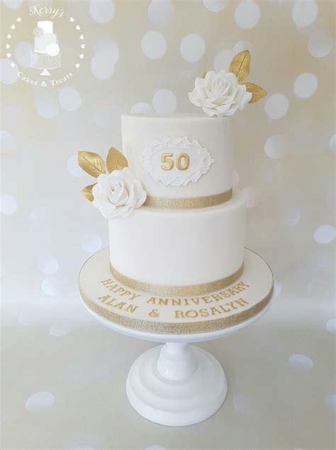 50th Gold Wedding Anniversary Cake With White Sugar Roses And Go