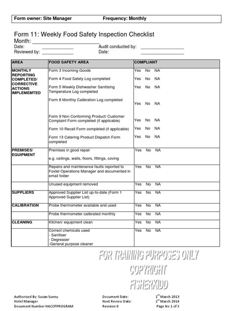 Form Weekly Food Safety Inspection Checklist Pdf Refrigerator Hygiene