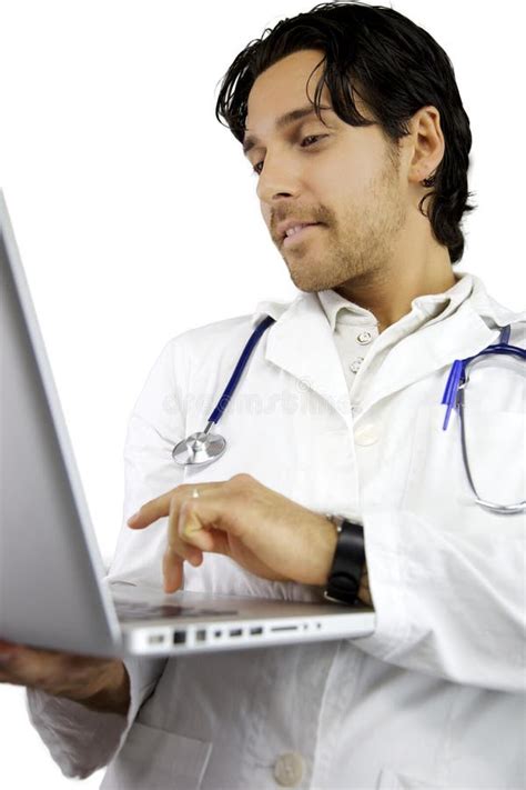 Happy Male Doctor Working With Laptop Stock Photo Image Of Handsome