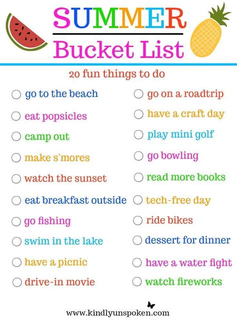 A list of the things that a person would like to do or achieve before they die: Summer Bucket List- 20 Fun Must-Do Activities - Kindly ...
