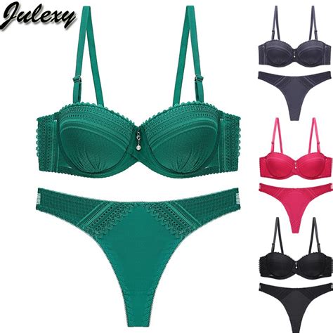 Julexy New 2020 Sexy Solid Bra Set For Women Thong Push Up Lace Underwear Set B C Cup Bra And