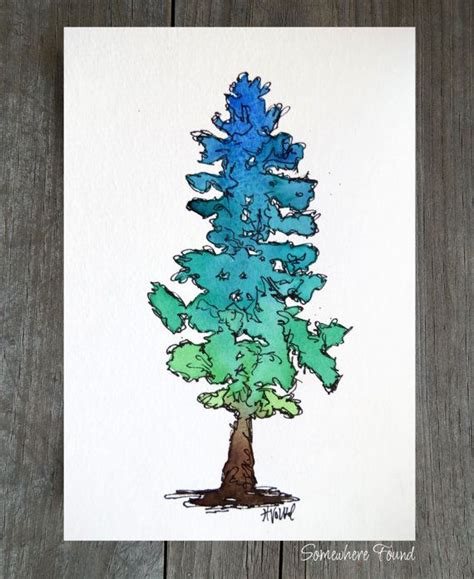 Ombre Pine Tree Original Watercolor Painting And Ink Sketch Black