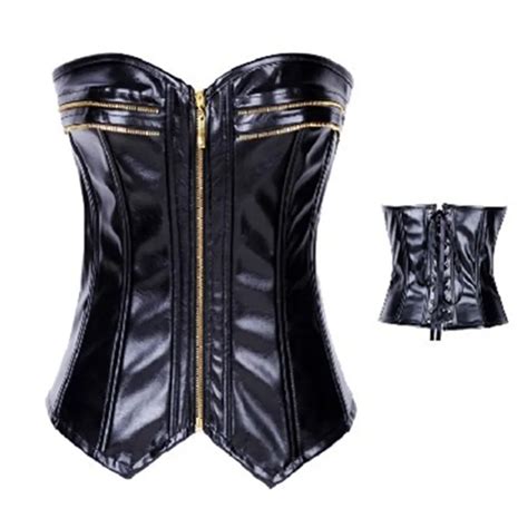 2016 Black Faux Leather Zipper Sexy Corset Lace Up Evening Overbust Corset Top Waist Trainer