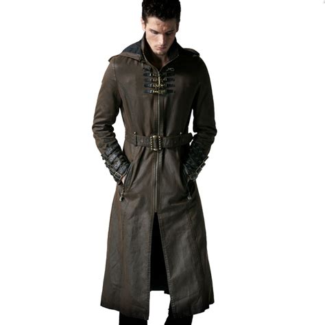 Steampunk Men Coffee Color Twill Long Coat Leather Loops Hooded Trench