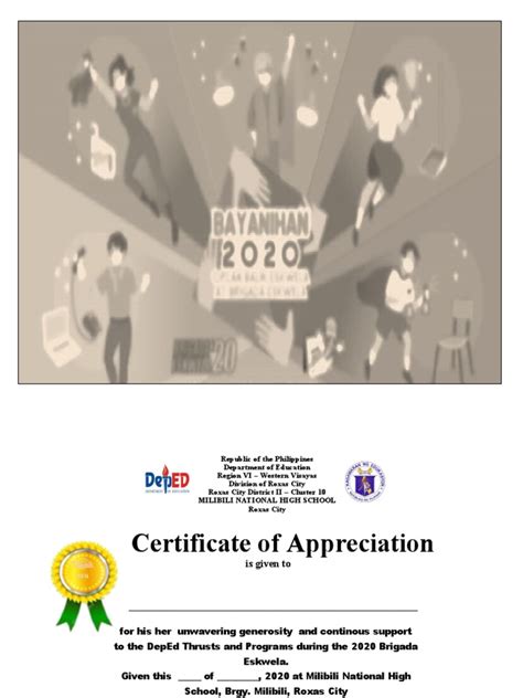 Certificate Of Appreciation For Support During 2020 Brigada Eskwela At