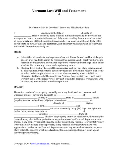 Download Vermont Last Will And Testament Form Pdf Rtf Word