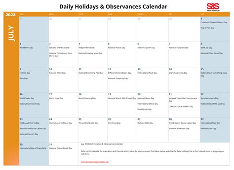 July Daily Holidays And Observances Printable Calendar Sands Blog