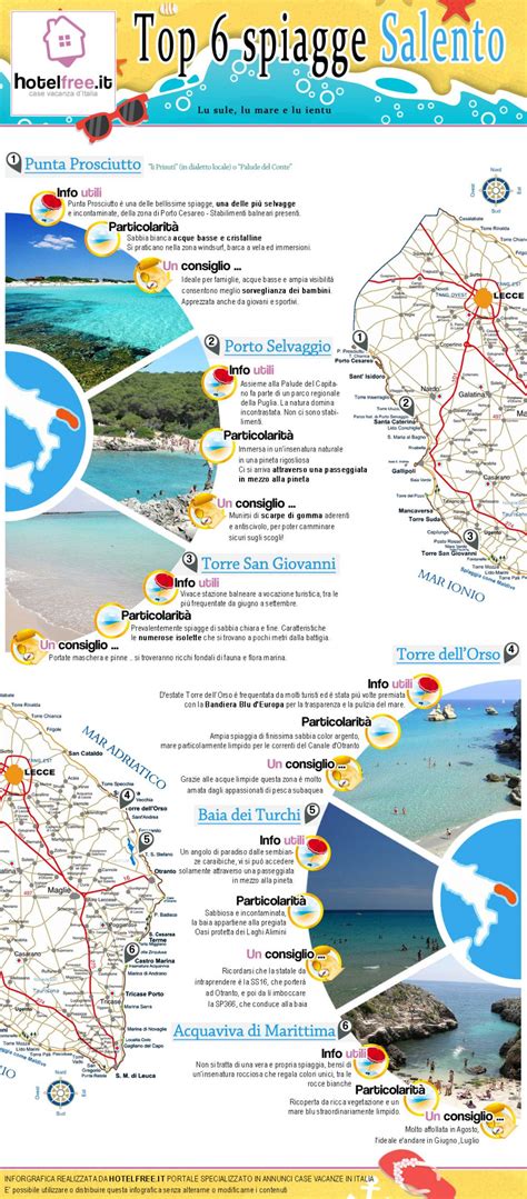 Ecco la cartina con tutte le destinazioni unitamente alle spiagge più belle e le strade per poterle raggiungere, tante informazioni utili per la tua vacanza in salento. Infografica: 6 spiagge del Salento - Hotelfree.it