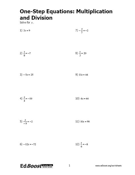 Multiplication Division One Step Equation Worksheet