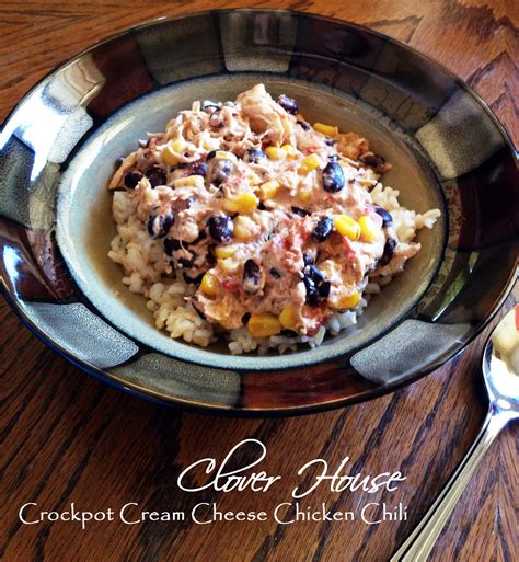 A package of cream cheese makes this chili super thick, rich, and creamy. Clover House: Crockpot Cream Cheese Chicken Chili