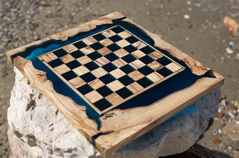 Handcrafted Olive Wood Epoxy Resin Chess Board Game Set Etsy