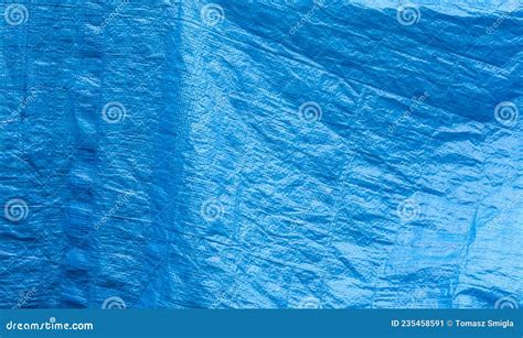 Simple Blue Plastic Tarp Woven Crumpled Plain Used Protective