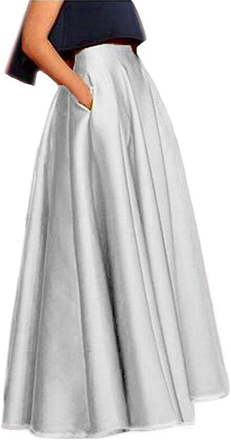 Diydress Long Maxi Satin Skirts High Waist A Line Pleated Formal Prom Party Skirts With Pockets