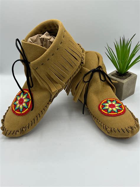 Native American Style Short Boot Moccasins With Fringe Handmade With