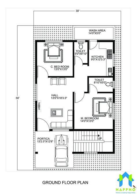 Floor Plan For 30 X 50 Feet Plot 2 Bhk 1500 Square Feet166 Square