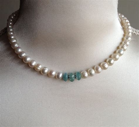 Pearl Necklace With Aquamarine Detail Made By Marianne