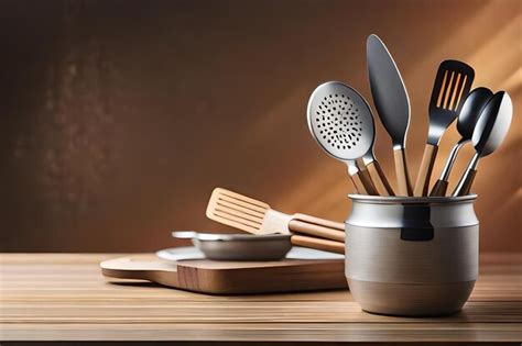 Premium Photo A Set Of Kitchen Utensils In A Silver Container