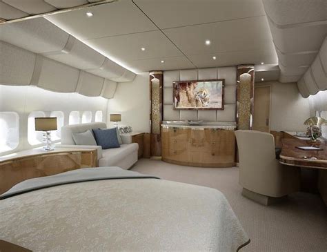 The Inside Of An Airplane Cabin With A Bed And Desk