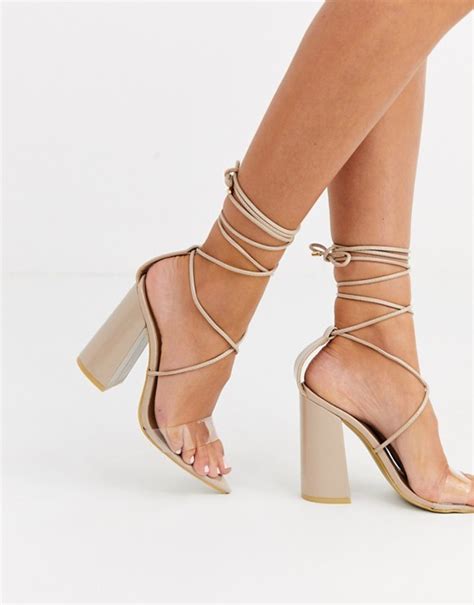 Prettylittlething Block Heeled Lace Up Sandals With Pointed Toe And