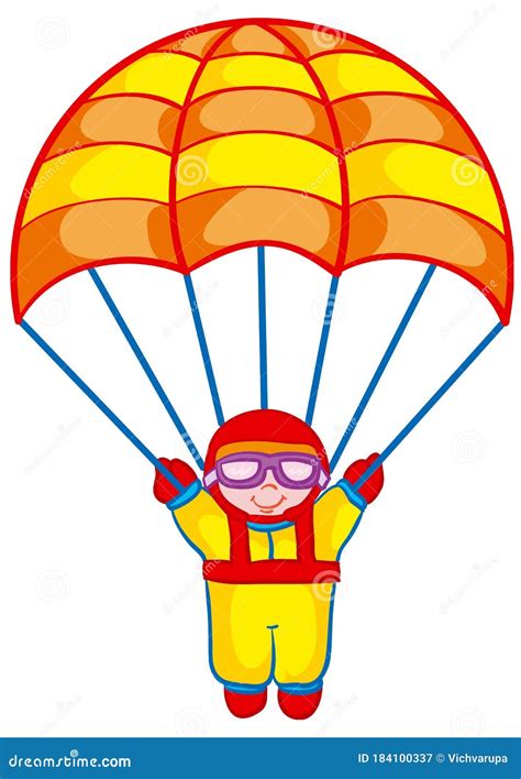 Cartoon Illustration Parachutist Flies With Parachute Open Isolated