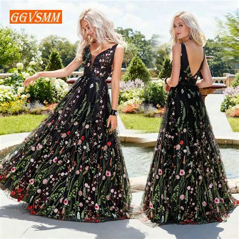 Sexy Black Bohemian Long Prom Dresses 2019 Prom Press Women Party V Neck Tulle Embroidery Lace
