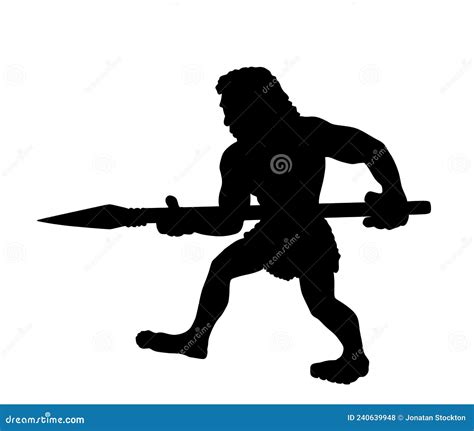 Caveman Hunter Hunting With Spear Vector Silhouette Illustration