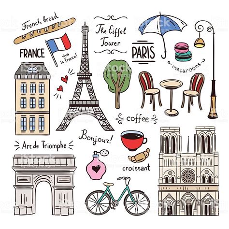 Paris And France Hand Drawn Illustrations Travel Symbols Ilustração De