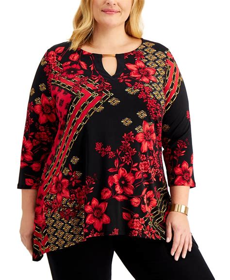 Jm Collection Plus Size Printed 34 Sleeve Keyhole Top Created For