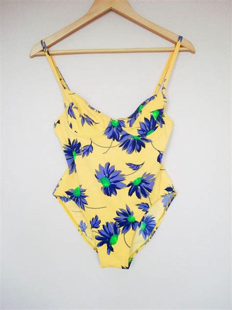 Vintage 80s Swimsuit Yellow Swimming Suit With Blue Sunflowers
