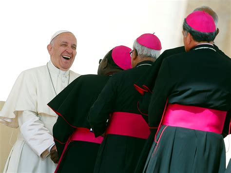 Print Pope Francis Smiles As He Greets Bishops At The End Of His