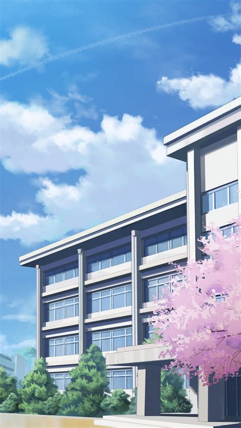 Download 1080x1920 Anime School Building Sakura Blossom Clouds