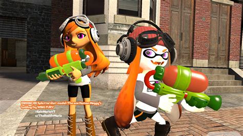 Human And Inkling Meggy Pose With Splattershots Rsmg4