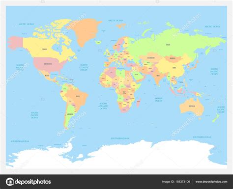 World Map Atlas Colored Political Map With Blue Seas And Oceans