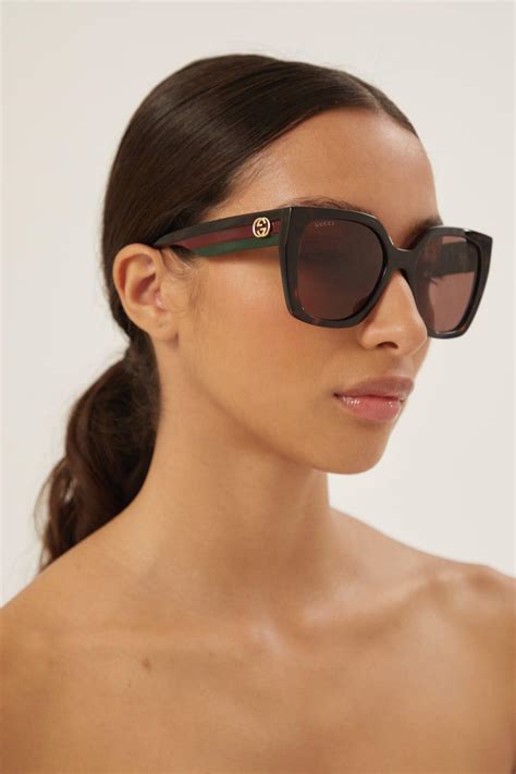 gucci squared havana sunglasses with web temple in brown lyst
