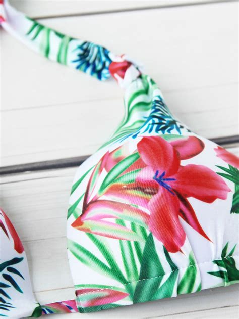 Tropical Print Frill Trim Tassel Tie Bikini Set Shein Sheinside