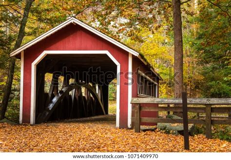 Traditional Red Covered Bridge Autumn Forest Stock Photo Edit Now