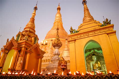 Sunset At The Spectacular Shwedagon Pagoda In Yangon Myanmar