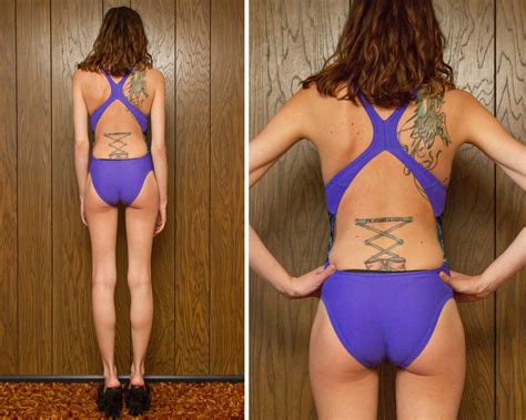 Vintage 90s Speedo Stripe Purple Teal Blue Black Square Graphic High Cut Hi Leg Racerback Shiny