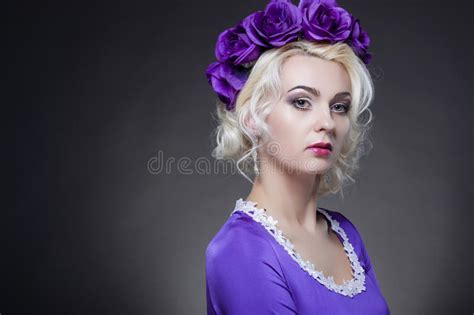 Beauty Concept Winsome Caucasian Female Posing In Purple Dress With