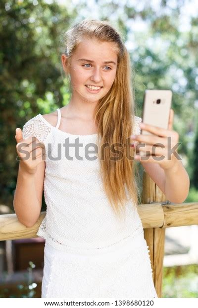 Cheerful Teen Girl Making Selfie Phone Stock Photo 1398680120
