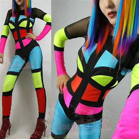 2014 New Tiems Ds Costume Neon Patchwork Jumpsuit Fashion Multicolour