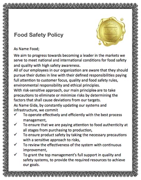 Food Safety Policy Name Gıda