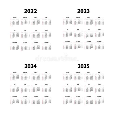 Calendário 2022 2023 2024 E 2025 Anos A Semana Começa Domingo Modelo