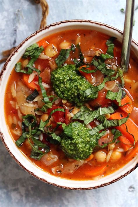 Chickpea Tomato And Orzo Soup With Basil Pesto Joanne Eats Well