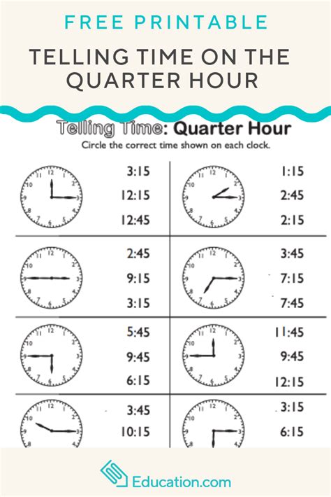 Telling Time On The Quarter Hour Match It Worksheet