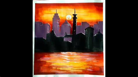 Sunset In The Cityscape For Beginners Acrylic Painting Painting