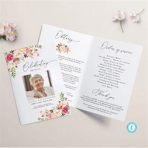 Pink Floral Funeral Program Template Editable Printable Etsy Images