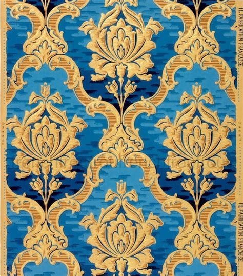 Antique French Wallpaper Design Rich Gold Blue Roses In Louis