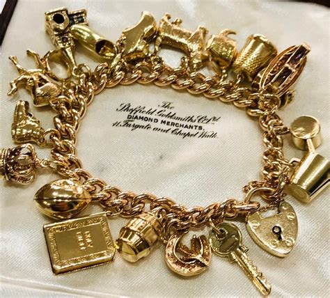 Superb Heavy Antique 9ct Rose Gold Charm Bracelet With 20 Vintage Gold